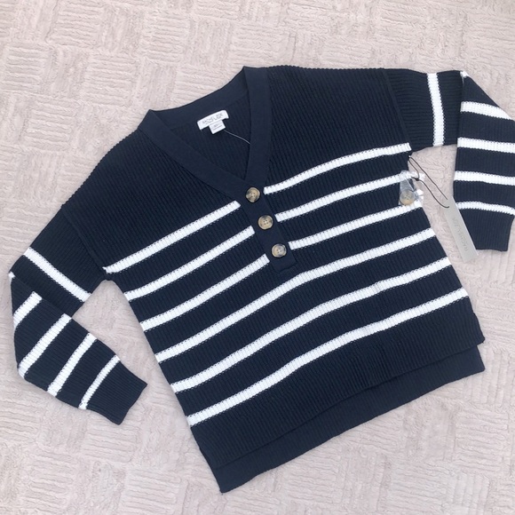 NEW Rachel Zoe Navy White Striped Knit Pullover Sweater - Picture 1 of 14